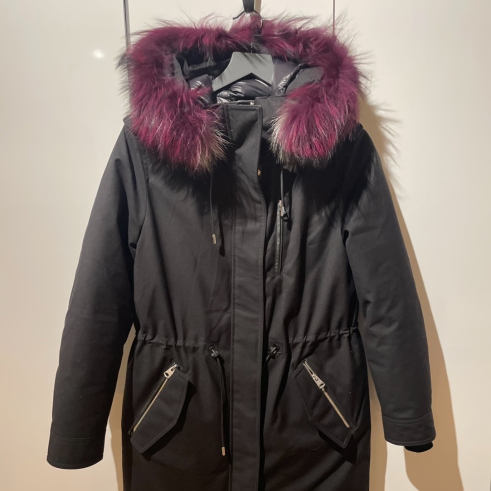Mackage Rena parka with silver and blackberry fox trim size XS